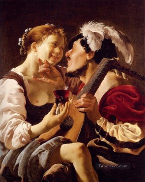 レーマーを抱えた若い女性と騒ぐリュート奏者 オランダの画家ヘンドリック・テル・ブリュッヘン Oil Paintings